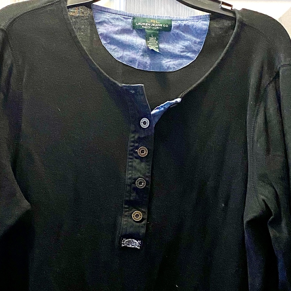 Vintage 2000 LRL Lauren Jeans Woman’s  Black LS Henley Tee. Size L. Cotton. GUC.